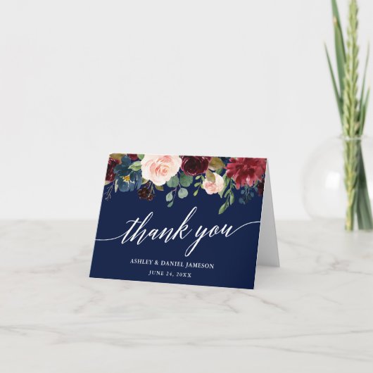 Calligraphy Burgundy Floral Wedding Blue Note Dankeskarte (Vorderseite)