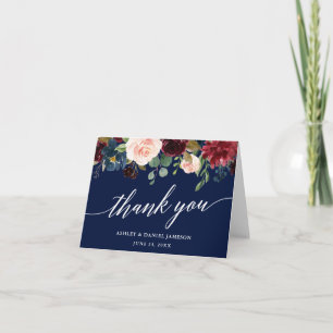 Calligraphy Burgundy Floral Wedding Blue Note Dankeskarte
