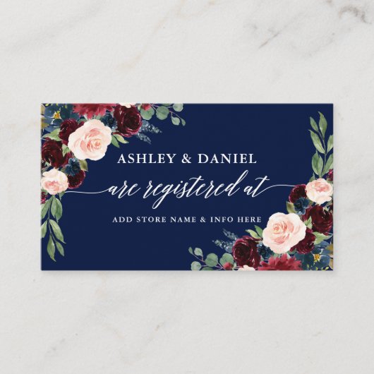 Calligraphy Burgundy Floral Wedding Blue Registry Begleitkarte (Vorderseite)
