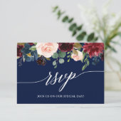 Calligraphy Burgundy Floral Wedding Blue RSVP Karte (Stehend Vorderseite)