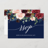 Calligraphy Burgundy Floral Wedding Blue RSVP Karte (Vorne/Hinten)