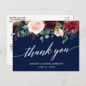 Calligraphy Burgundy Floral Wedding Blue Vielen Da Postkarte (Vorne/Hinten)