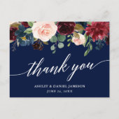 Calligraphy Burgundy Floral Wedding Blue Vielen Da Postkarte (Vorderseite)