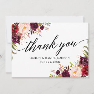 Calligraphy Burgundy Floral Wedding Dankeskarte