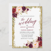 Calligraphy Burgundy Floral Wedding Gold Glitzer Einladung (Vorderseite)