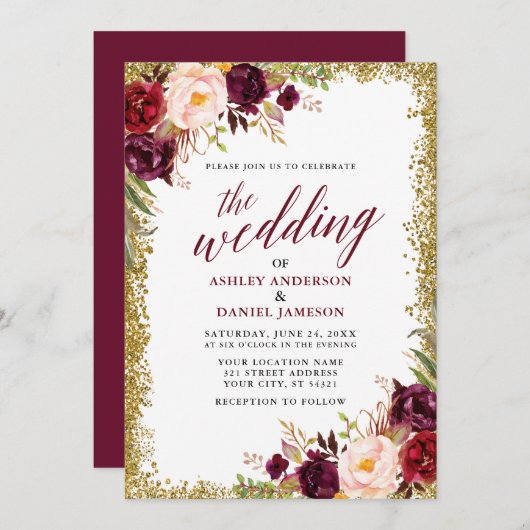 Calligraphy Burgundy Floral Wedding Gold Glitzer Einladung (Vorne/Hinten)