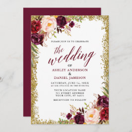 Calligraphy Burgundy Floral Wedding Gold Glitzer Einladung