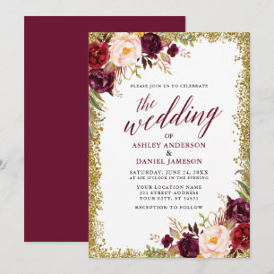 Calligraphy Burgundy Floral Wedding Gold Glitzer Einladung