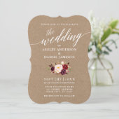 Calligraphy Burgundy Floral Wedding Kraft Foto Einladung (Stehend Vorderseite)
