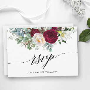 Calligraphy Burgundy Floral Wedding RSVP Card Karte