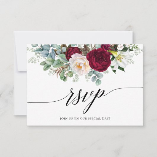 Calligraphy Burgundy Floral Wedding RSVP Card Karte (Vorderseite)