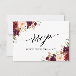 Calligraphy Burgundy Floral Wedding RSVP Meetingka Karte