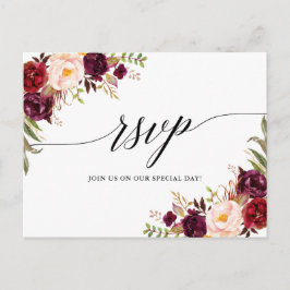 Calligraphy Burgundy Floral Wedding RSVP Postkarte