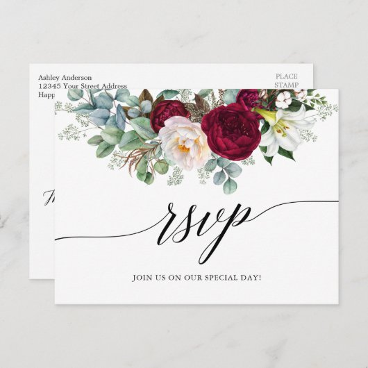 Calligraphy Burgundy Floral Wedding RSVP Postkarte (Vorne/Hinten)