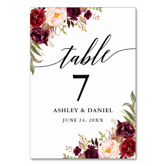 Calligraphy Burgundy Floral Wedding Tischnummer (Vorderseite)