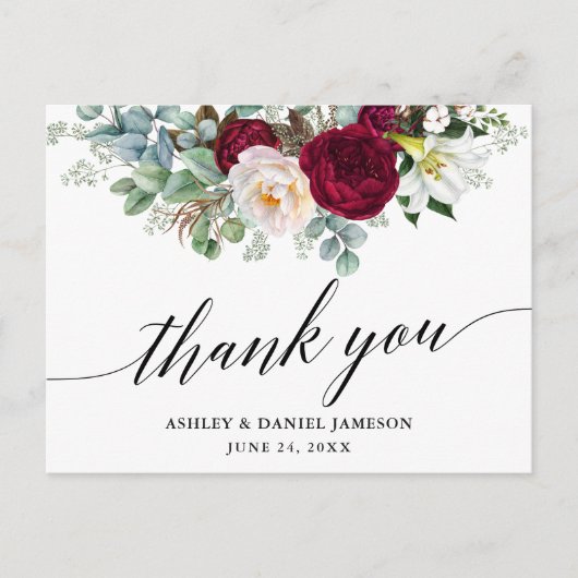 Calligraphy Burgundy Floral Wedding Vielen Dank Postkarte (Vorderseite)