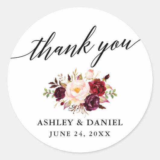 Calligraphy Burgundy Floral Wedding Vielen Dank Runder Aufkleber (Vorderseite)