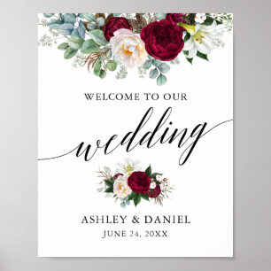 Calligraphy Burgundy Floral Wedding Willkommen Poster