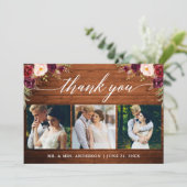 Calligraphy Burgundy Floral Wedding Wood 3 Foto Dankeskarte (Stehend Vorderseite)