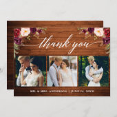 Calligraphy Burgundy Floral Wedding Wood 3 Foto Dankeskarte (Vorne/Hinten)