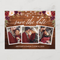 Calligraphy Burgundy Floral Wood Save the Date