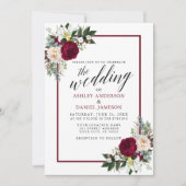 Calligraphy Burgundy Frame Greenery Bloral Wedding Einladung (Vorderseite)
