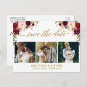 Calligraphy Burgundy Save the Date 3 Foto Gold Ankündigungspostkarte (Vorne/Hinten)