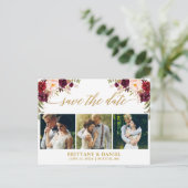 Calligraphy Burgundy Save the Date 3 Foto Gold Ankündigungspostkarte (Stehend Vorderseite)