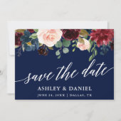 Calligraphy Burgundy Save the Date Blue Card Dankeskarte (Vorderseite)