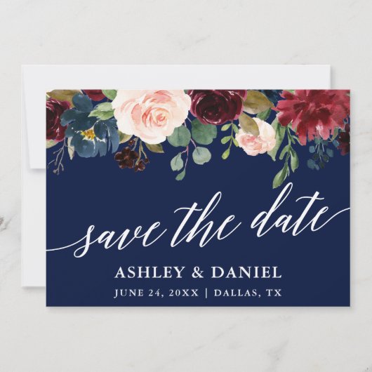 Calligraphy Burgundy Save the Date Blue Card Dankeskarte (Vorderseite)