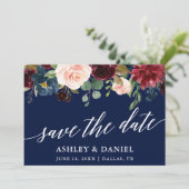 Calligraphy Burgundy Save the Date Blue Card Dankeskarte (Stehend Vorderseite)