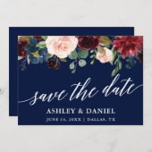 Calligraphy Burgundy Save the Date Blue Card Dankeskarte (Vorne/Hinten)