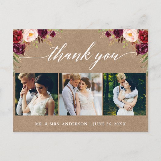 Calligraphy Burgundy Wedding Foto Danke schön Kraf Postkarte (Vorderseite)