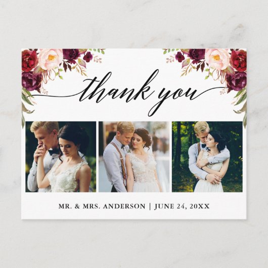 Calligraphy Burgundy Wedding Foto Vielen Dank Postkarte (Vorderseite)