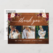 Calligraphy Burgundy Wedding Foto Wood Vielen Dank Postkarte (Vorne/Hinten)