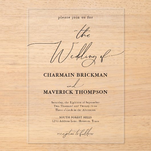 Calligraphy Classy Wedding Acryleinladungen (Vorderseite)