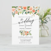 Calligraphy Coral Floral Foto Wedding Einladung (Stehend Vorderseite)