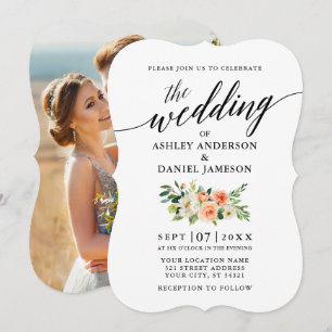 Calligraphy Coral Floral Foto Wedding Einladung
