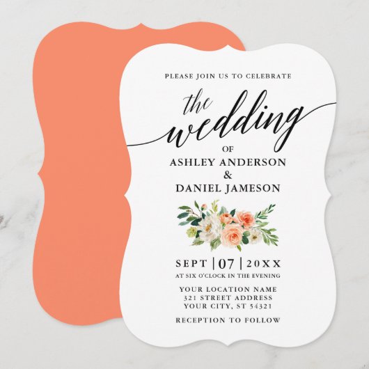 Calligraphy Coral Floral Wedding Einladung (Vorne/Hinten)