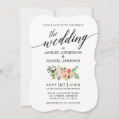 Calligraphy Coral Floral Wedding Einladung (Vorderseite)
