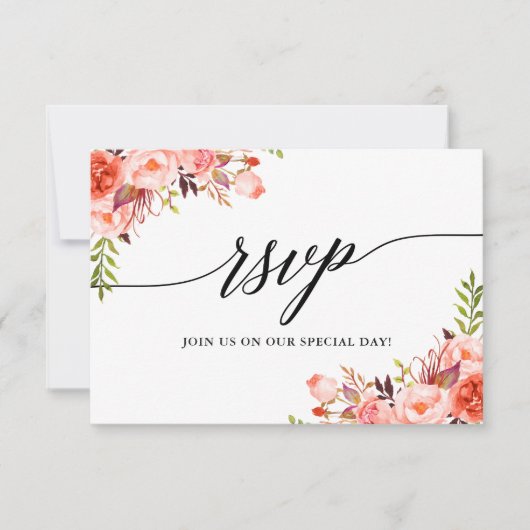 Calligraphy Coral Floral Wedding RSVP Meetingkarte (Vorderseite)