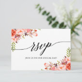 Calligraphy Coral Floral Wedding RSVP Meetingkarte (Stehend Vorderseite)