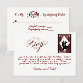 Calligraphy dance burgundy Vintag Foto Wedding RSVP Karte (Vorne/Hinten)