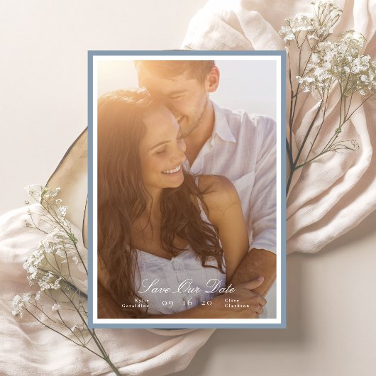 Calligraphy Dusty Blue Gerahmt Classic Foto Save The Date