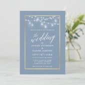 Calligraphy Dusty Blue Jar Lights Gold Wedding Einladung (Stehend Vorderseite)