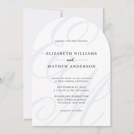 Calligraphy Dusty Blue Monogram Arch Wedding Einladung (Vorderseite)