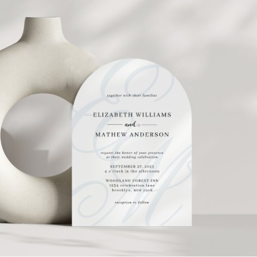 Calligraphy Dusty Blue Monogram Arch Wedding Einladung