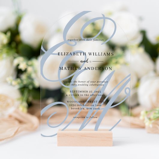 Calligraphy Dusty Blue Monogram Wedding Arch Acryleinladungen