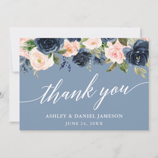 Calligraphy Dusty Blue Pink Floral Wedding Dankeskarte (Vorderseite)