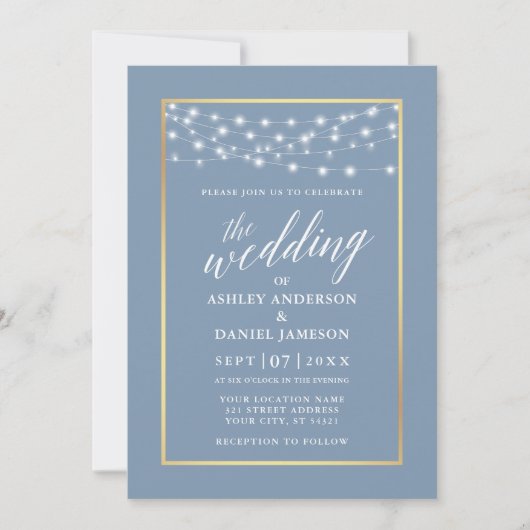 Calligraphy Dusty Blue String Lights Gold Wedding Einladung (Vorderseite)